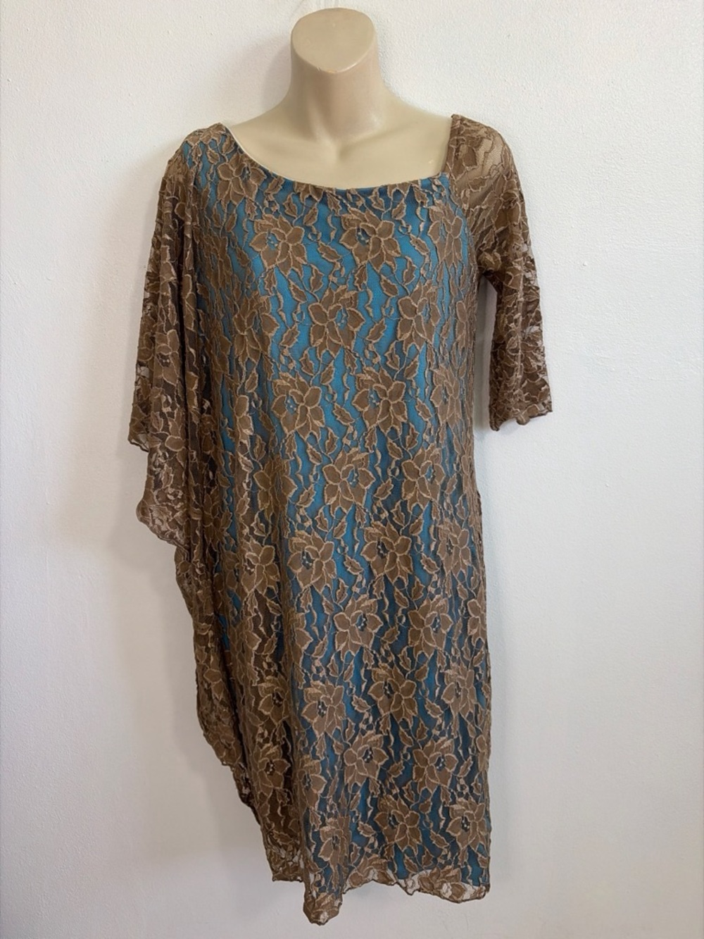 Brown Lace Overlay Dress with Teal Underlay Dramatic Sleeve Boho Size M